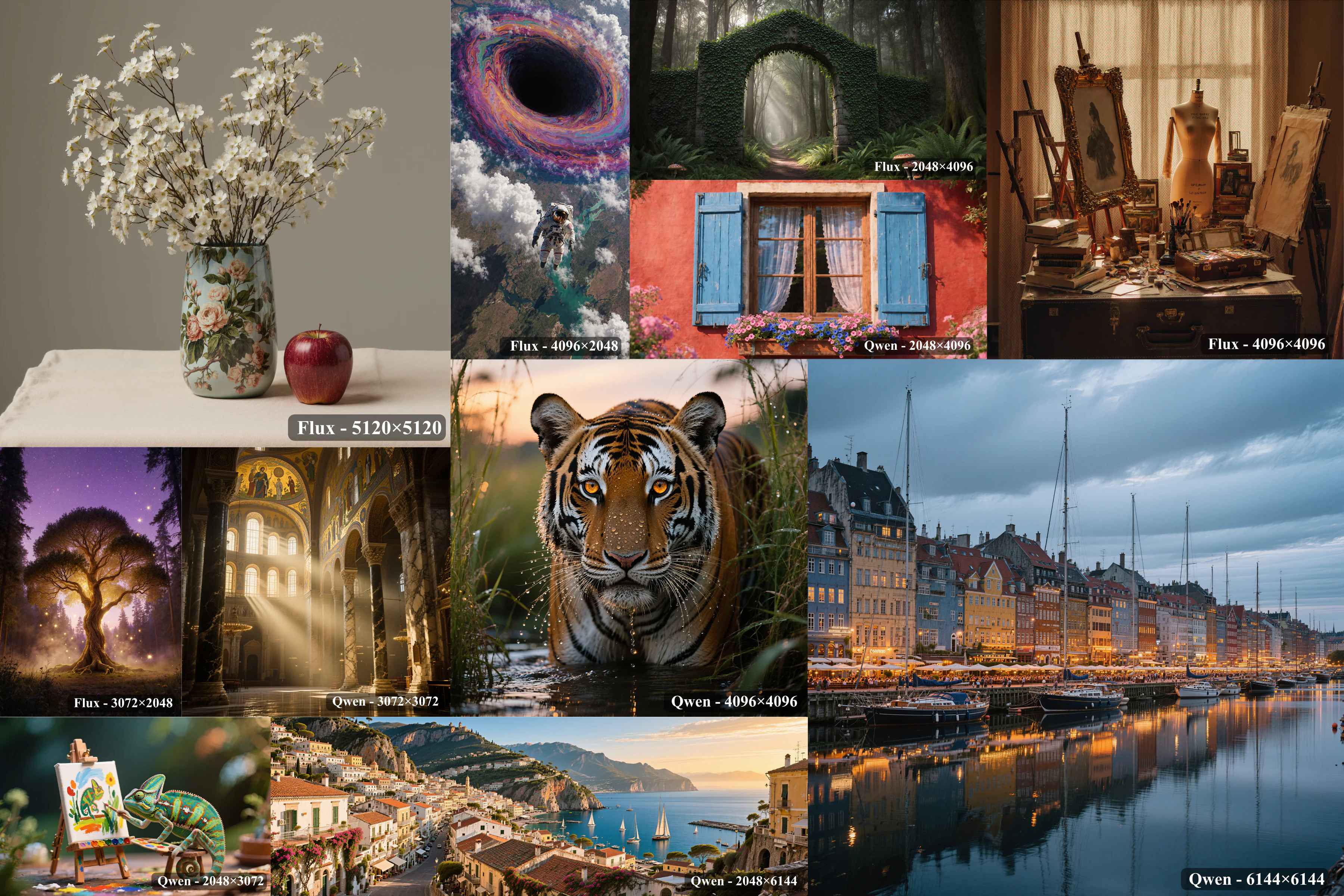 Gallery of high-resolution images generated with SEGA on Flux and Qwen, from 2048×4096 up to 6144×6144